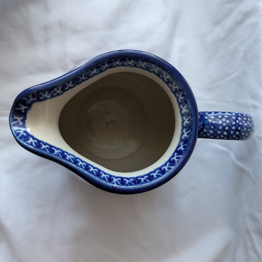 Polish Pottery Blue Floral Cream Ceramic Pitcher - Picture 5 of 9